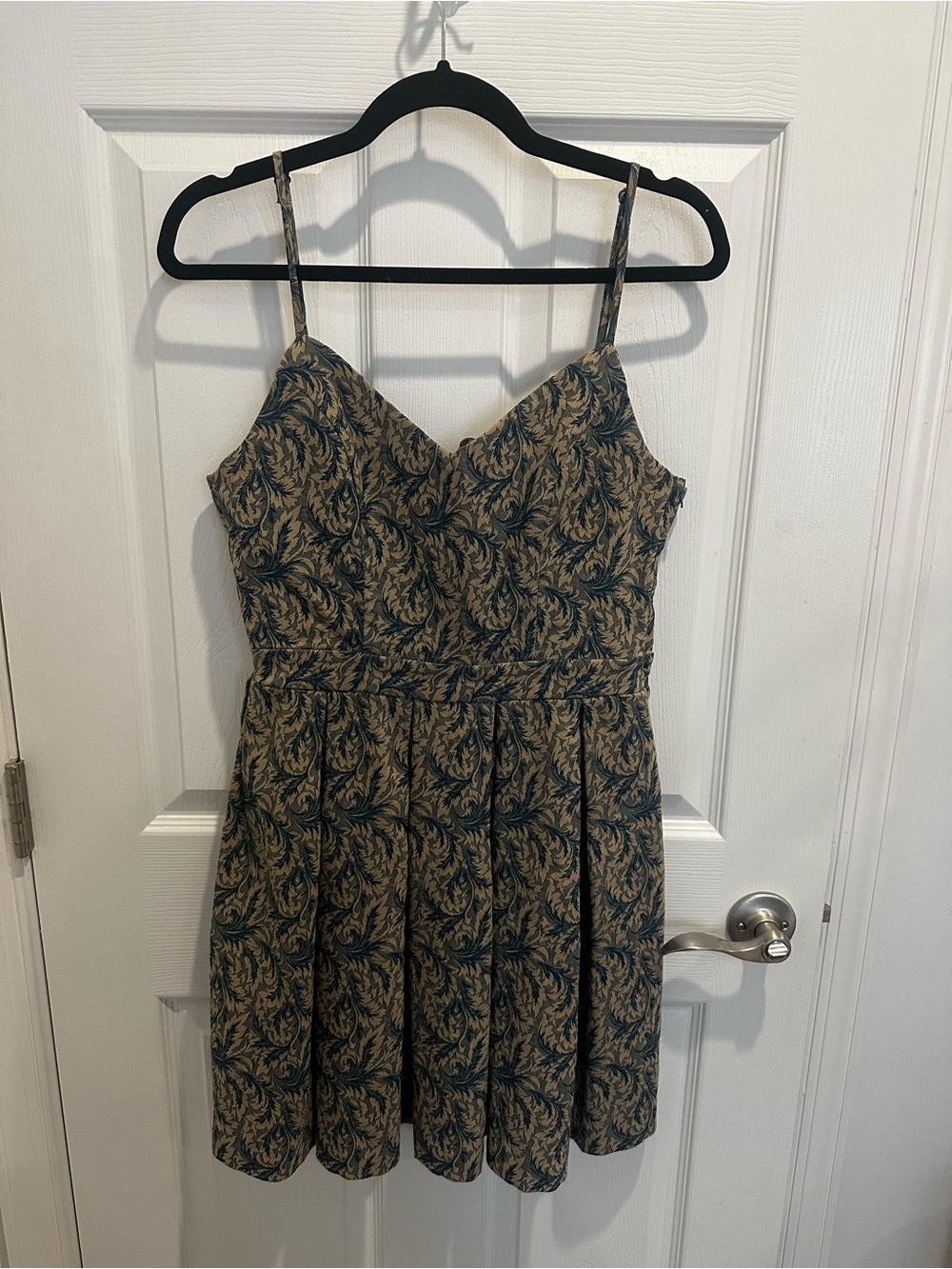 V-Neck Mini Dress in Olive Green & Tan Botanical Print